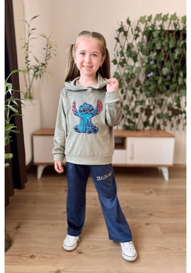 3-10 Yaş Stitch Kadife Kız Çocuk Takım Haki Haki