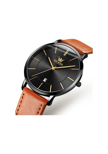 Olevs 5869 Erkekler İş Su Geçirmez Hakiki Deri Kayış Kuvars Saat Siyah + Kahverengi