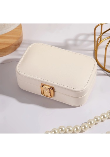 Deri Mini Seyahat Takı Bijuteri Mücevher Kutusu Organizer Düzenleyici 15cm Krem İthal Ürün