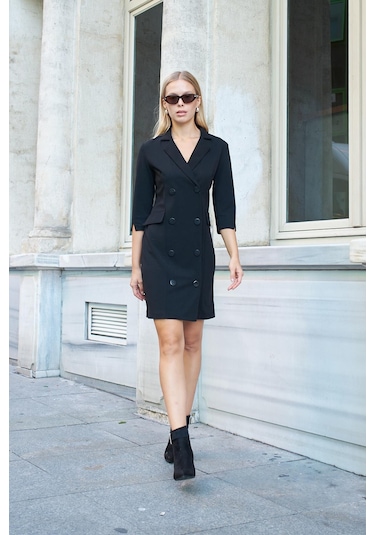 Sırt Dekolteli Anvelop Ceket Elbise Siyah