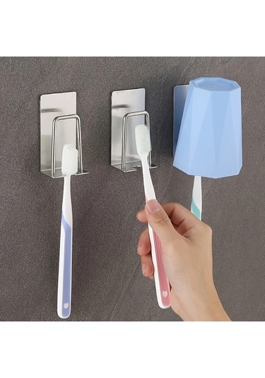 Cordial 2'li Paslanmaz Çelik Diş Fırçası Askısı - Vidalısız Montaj, Banyo Aksesuarı Gümüşi