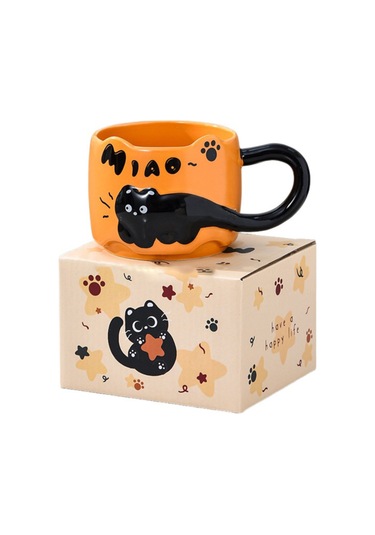 Suofeng Kedi Desenli Seramik Kupa Seti 380ml, Mikrodalga Güvenli, Kahve/süt İçin, Sarı, Ev Kullanıma Uygun Sarı