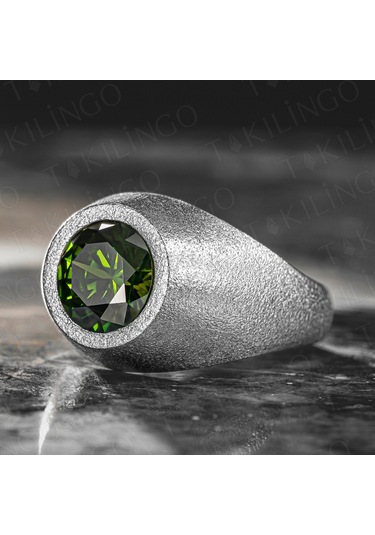 925 Ayar Gümüş Yuvarlak Peridor Olivin Taşlı Sade Erkek Yüzük Gümüş