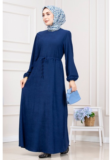 Beli Tünelli Fitilli Aslı Elbise-saks Mavi-5465 Saks Mavi