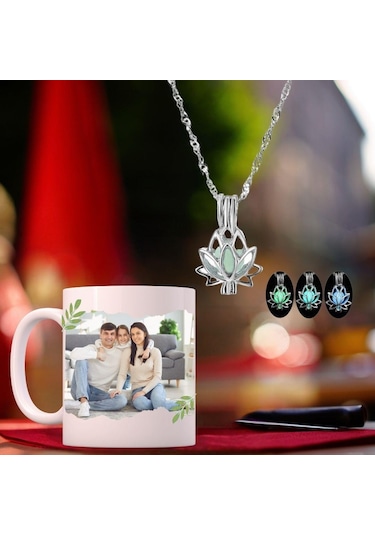 Kişiye Özel Love Temalı Bardak Ve Gece Parlayan Lotus Çiçeği Kolye Hediye Seti