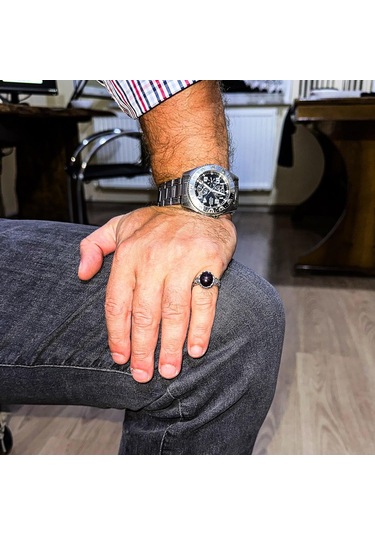 925 Ayar Gümüş Erkek Yüzük - Doğal Yıldız Granat Taşı İle El Yapımı Kalp Deseni Gümüş