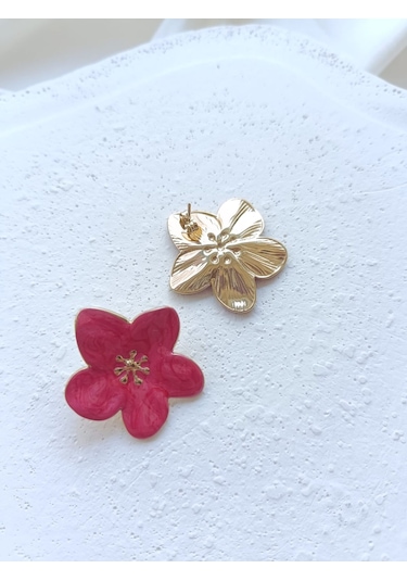 Çelik Fuşya Çiçekli Küpe Altın - Pembe