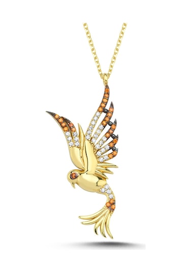 Kayra Mücevher Prenses Turuncu Taşlı Anka Kuşu Altın Kaplama Kolye