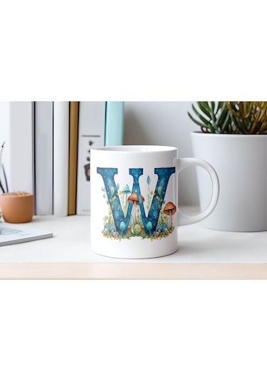 W Baş Harfi Fantastik Mantarlı Kupa Bardak - Kişiye Özel Masalsı Bardak - Hediye Beyaz