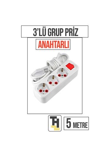 5 Metre 3'lü Anahtarlı Grup Priz