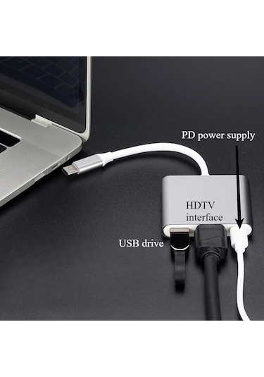 Sunshine011 3 Lü 1 Usb-c Hdtv Dock 4k Projektör Usb 3.0 Kart Okuyucu Pd Black Line Gray