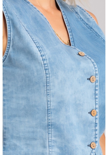 Bold & Young Kadın Bleach Yıkama Lyocell İnce Denim Kumaş Kot Yelek Lacivert