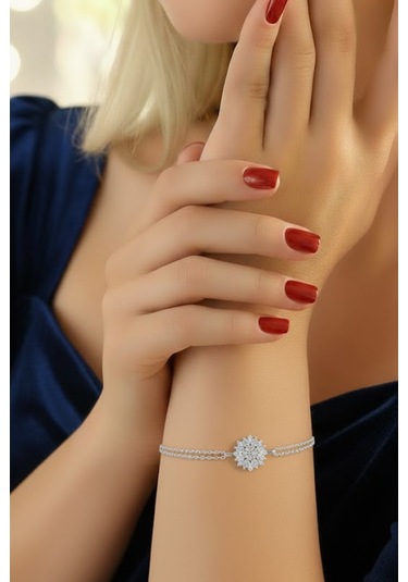 Pırlanta Kesim Lotus Çiçeği 925 Ayar Gümüş Kadın Bileklik Gümüş