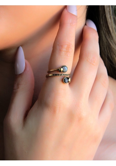 İkili 3mm Doğal Taşlı Antik Kadın Ayarlanabilir Yüzük Dendritli Opal Rutil Kuvars Taşı Euy32or Siyah