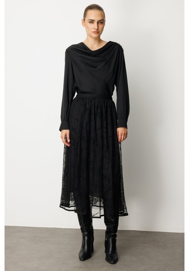 Ekol Kadın Kadife Desenli Tül Etek 2401 Siyah Siyah