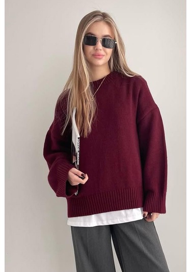 Bordo Bisiklet Yaka Oversize Triko Kazak Mg1972 Bordo