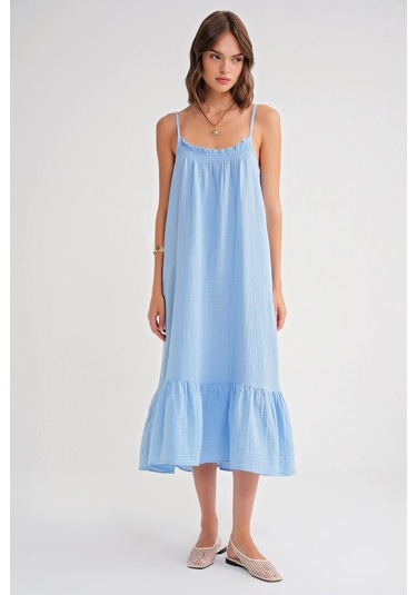 4740 Kadın Askılı Müslin Midi Elbise Bebe Mavi Bebe Mavi