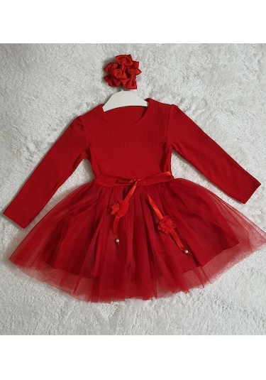 Kız Çocuk Özel Gün Doğum Günü Günlük Abiye Hediye Uzun Kollu Kırmızı Tül Detaylı Prenses Elbise Kırmızı