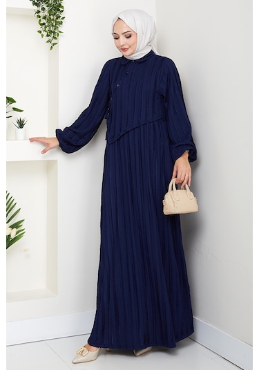 Çapraz Bağlamalı Bürümcük Elbise 1617 - Lacivert Lacivert