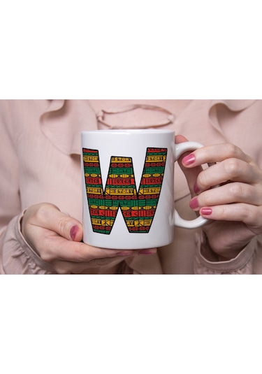 W Harfi Etnik Desenli Kupa - Afrika Tarzı Kahve Çay Kupası - Hediyelik - Black History Beyaz