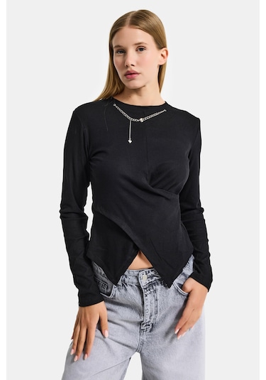 Itsbasic Kadın Siyah Renk W5 Asimetrik Kesim Kolye Aksesuarlı Özel Tasarım Body