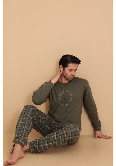Falkom 7003 İnterlok Kışlık Ekose Pijamalı Erkek Pijama Takımı Haki