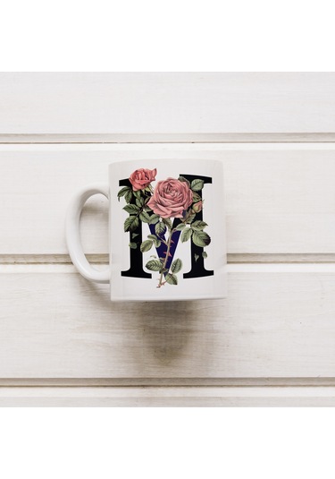 M Baş Harf Kırmızı Güller İle Sarılı Bardak 330 Ml Kişiye Özel Çiçekli Hediye Beyaz