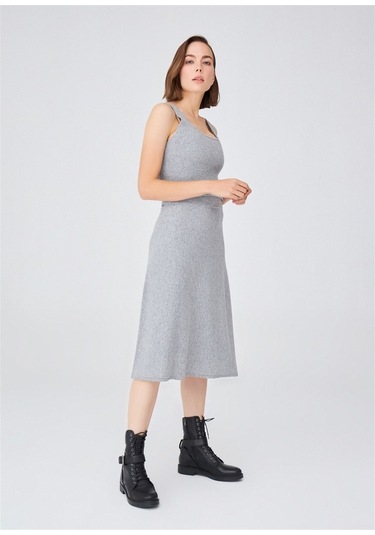 Peraluna Kloş Kesim Kaşmir Karışım Diz Altı Triko Etek Gri Melanj