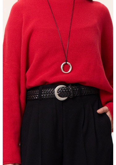 Örgü Deri Tokalı Kemer Siyah Siyah