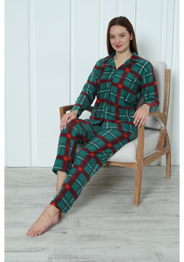 Fawn 3957 Boydan Düğmeli Polar Kışlık Kadın Pijama Takımı Yeşil