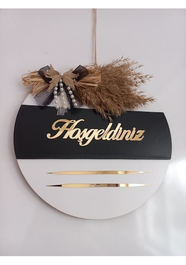 Hoşgeldiniz Yazılı Aynalı Pleksi Ahşap Kapı Süsü Beyaz Siyah Beyaz