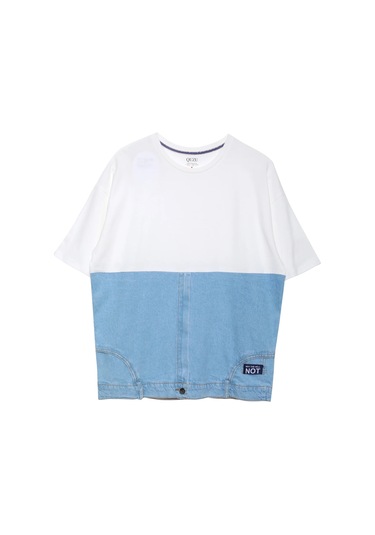 Ollacollection Denim Detaylı Kısa Kol Tişört Ekru