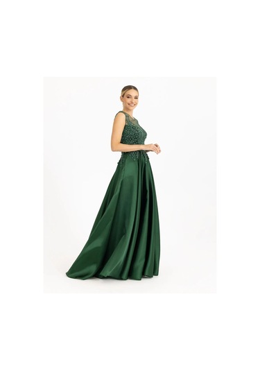 Hint Aksesuarlı Saten Görünümlü Abiye-koyu Yeşil Koyu Yeşil