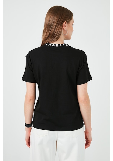 Lela Yakası Baskılı Bisiklet Yaka Basic Örme Bayan T Shirt 5864054 Siyah