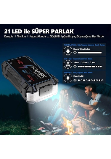 Avapow A9 29.6WH/8000MAH 1500A Jump Starter Taşınabilir Akü Takviye Kiti (Powerbank + LCD + LED Işık)