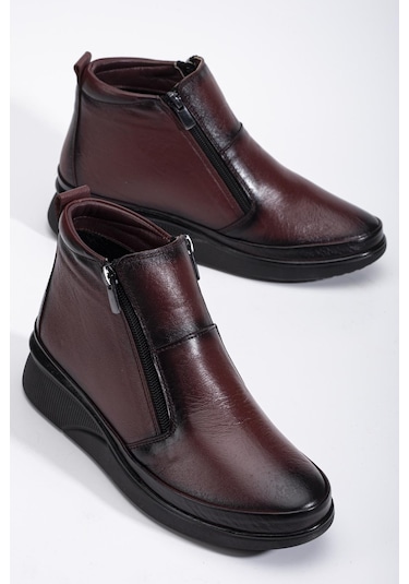 Hakiki Deri Ortopedik Kadın Bot Bordo 2 Fermuarlı Dolgu Tabanlı-3295 Bordo