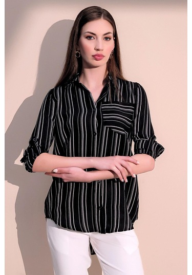 Kadın Siyah Uzun Kol Özel Kumaş Tek Cep Gömlek Dik Çizgili Arkası Uzun Basic Kesim Gömlek Siyah
