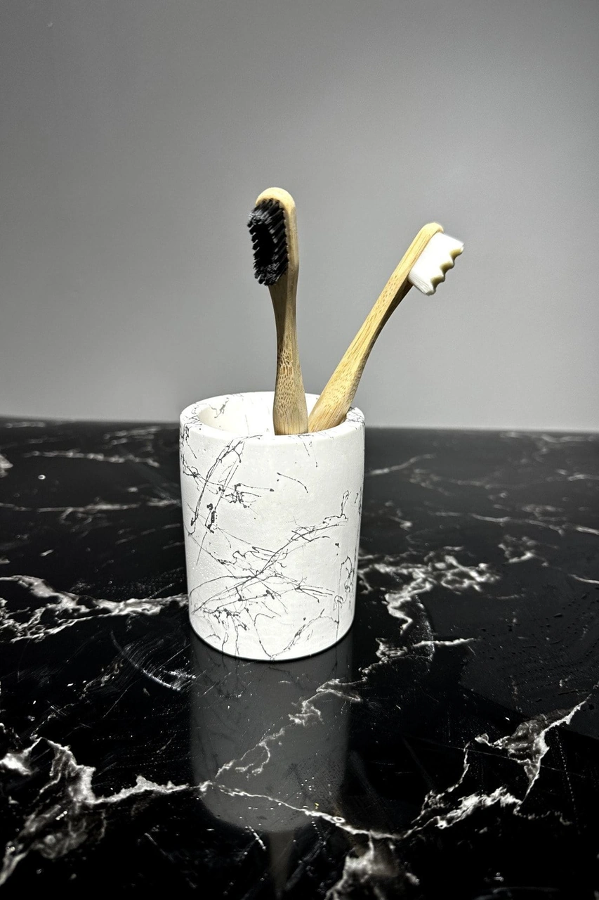 Mermer Desenli El Yapımı Beton Diş Fırçalık Banyo Tuvalet Diş Fırçalığı Beyaz
