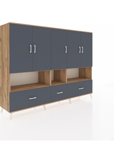 Hyperion Dolap 12 Raflı 3 Çekmeceli 5 Kapaklı 220x44x163 Çam-antr Çam-antrasit