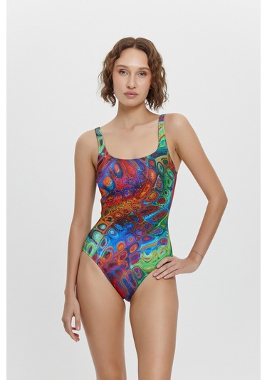 M12034 U Yaka Taş Detaylı Mayo Kırmızı Çok Renkli