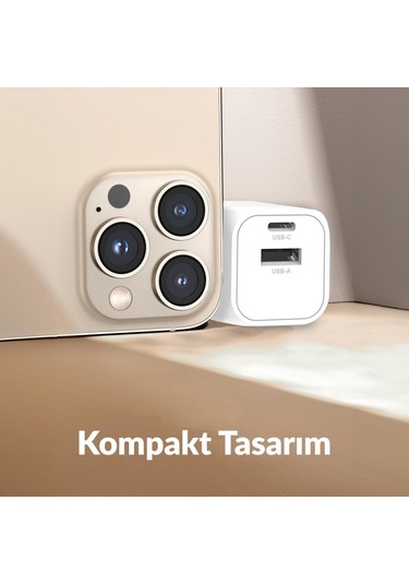 Juo 20W GaN USB-C + USB-A Şarj Aleti iPhone & iPad & Android Uyumlu PD QC4.0 Type-C Hızlı Şarj Cihazı Beyaz