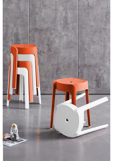 Kaymaz Ayaklı İçiçe Geçebilen Plastik Tabure 6 Adet-turuncu Beyaz