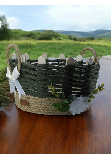 Hasır Sepet Takı Organizer Makyaj Kutusu El Yapımı Komodin Üstü Sepeti Haki