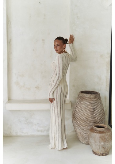 Anandra Boncuk Detay Bej Triko Uzun Elbise Bej