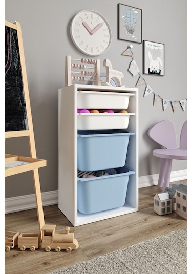 %100 Mdf - Small Mono 4 Sepetli Oyuncak Dolabı Mavi