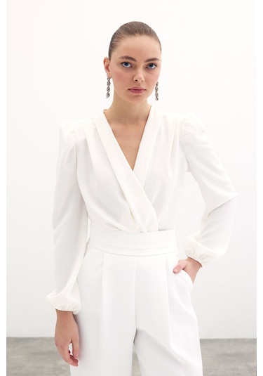 Sateen Kruvaze Vatkalı Bodysuit - Ekru