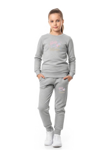 Düz Yuvarlak Yaka Girls Love Yazı Baskılı Kız Çocuk Eşofman Takımı Gri