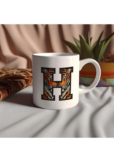 H Harfi Kaplan Figürlü Nakış Desenli Kupa Bardak - Kişiye Özel Vahşi Hayvan Desenli Kupa - Hediye Beyaz