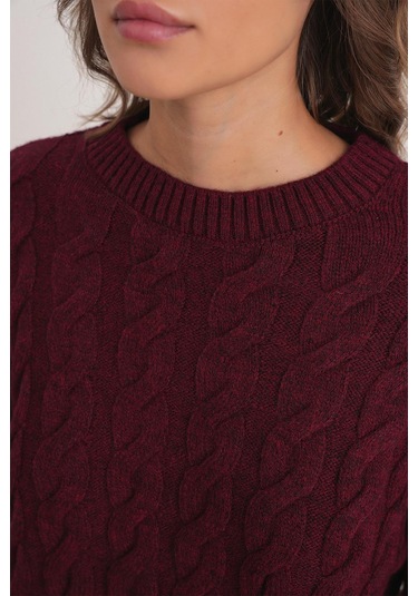 6973 Kadın Saç Örgülü Regular Basic Triko Kazak Bordo Bordo