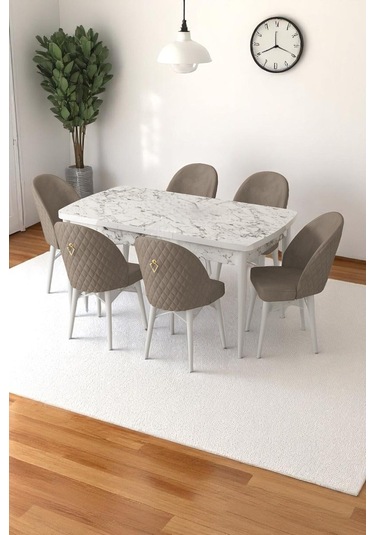 Mia Serisi Açılabilir Mutfak Masası Takımı Beyaz Mermer Desen Masa 6 Sandalye, Yemek Masası Cappucino Mia Serisi Açılabilir Mutfak Masası Takımı Beyaz Mermer Desen Masa 6 Sandalye, Yemek Masası Cappucino